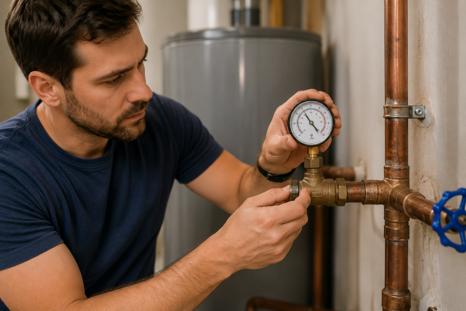 Homeowner checking residential plumbing water pressure with a pressure gauge attached to copper pipes near a water heater system