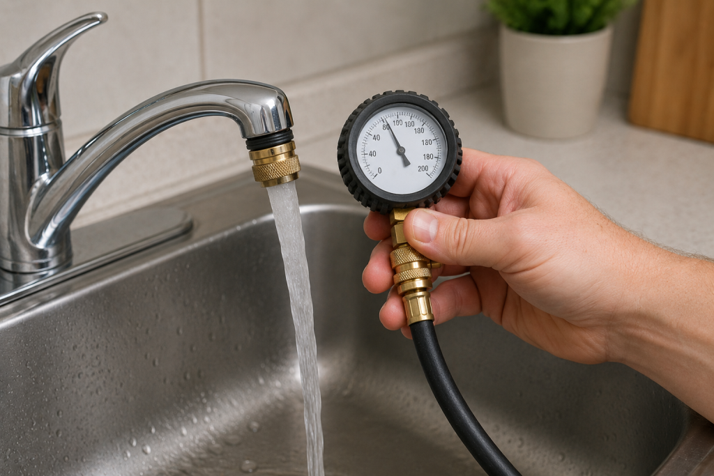 Kitchen faucet running at full pressure while testing household water flow during GE dishwasher H2O error troubleshooting