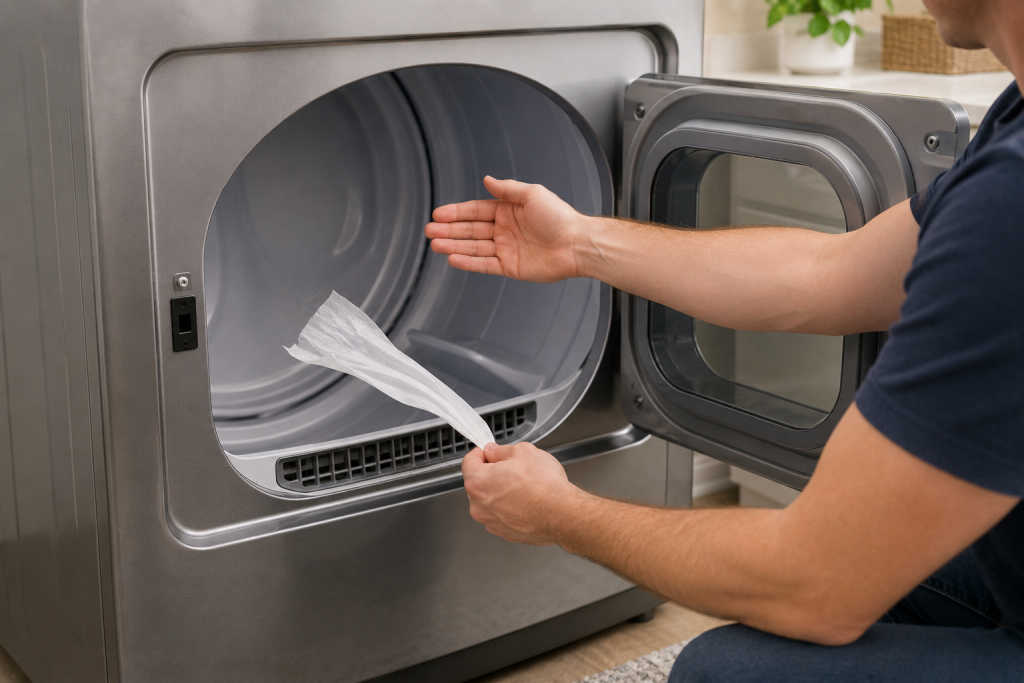 Homeowner testing airflow inside an LG dryer drum after cleaning the vent system to troubleshoot a D80 airflow restriction error code