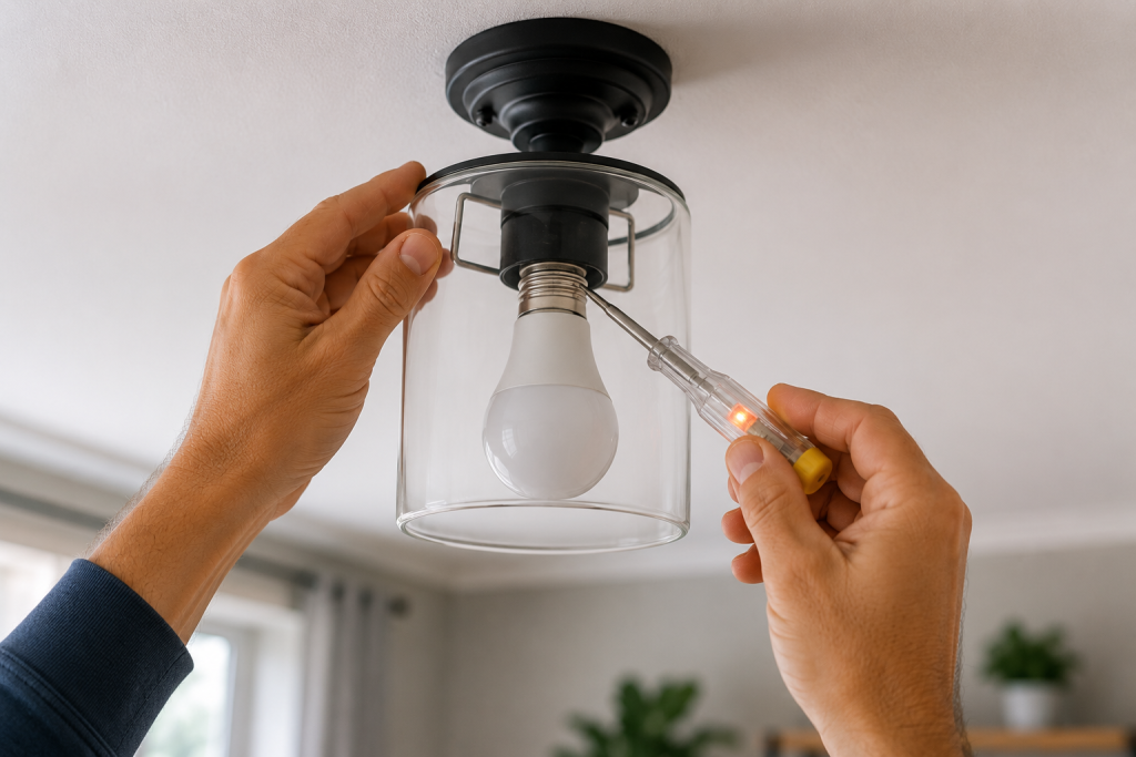 Using a voltage tester to check power at a ceiling light fixture during light switch troubleshooting
