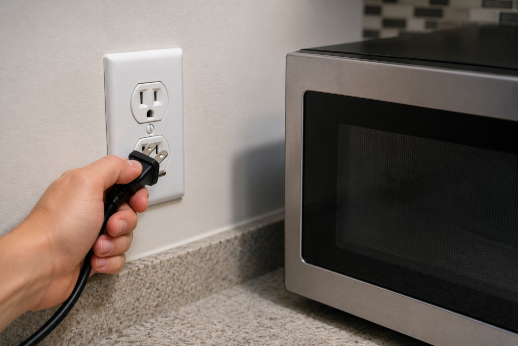 Person testing the electrical wall outlet behind a microwave appliance during kitchen power troubleshooting