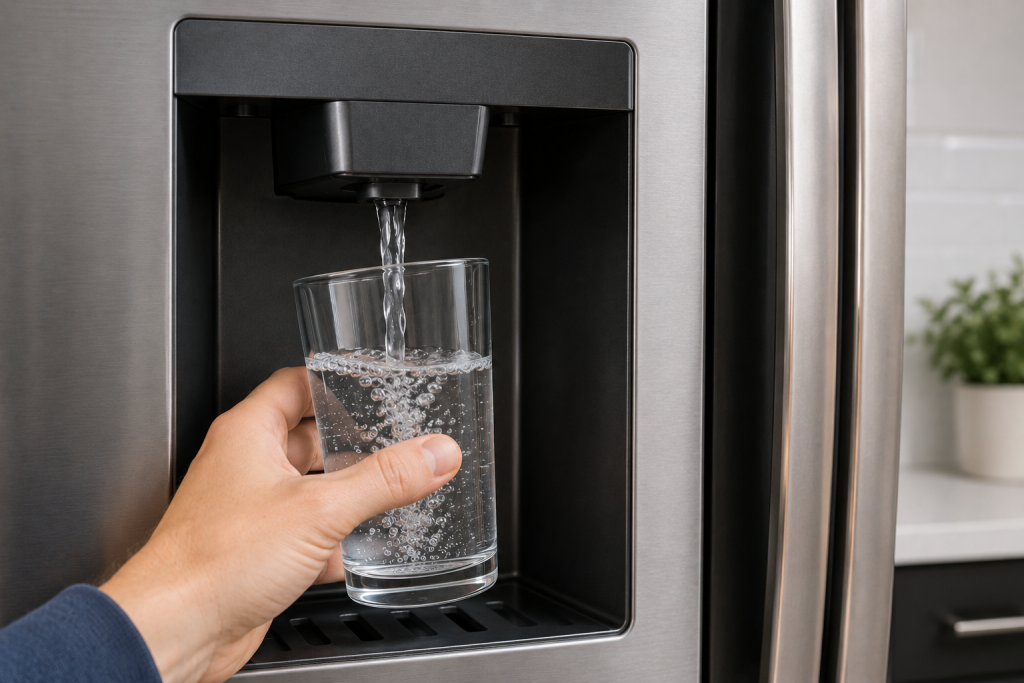 Glass being filled with water from a Whirlpool refrigerator dispenser while testing a newly installed water filter for proper flow