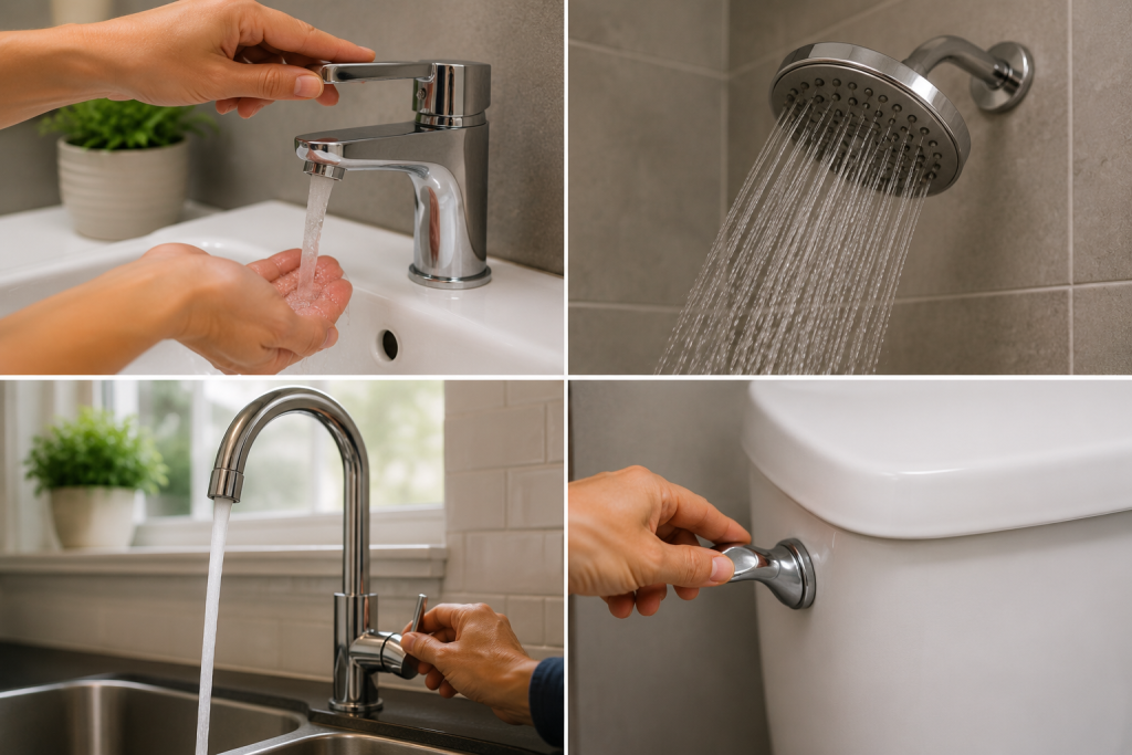 Collage of a homeowner testing multiple plumbing fixtures including sinks, shower, and toilet to diagnose low water pressure problems in a home