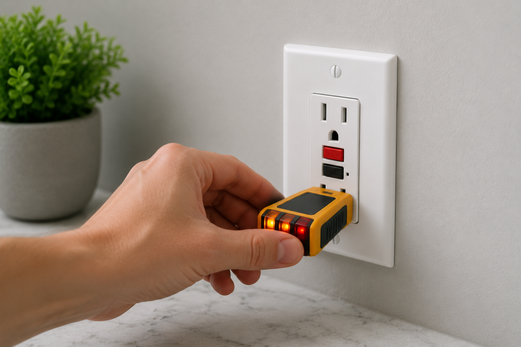 Testing power at a GFCI outlet using an electrical outlet tester.