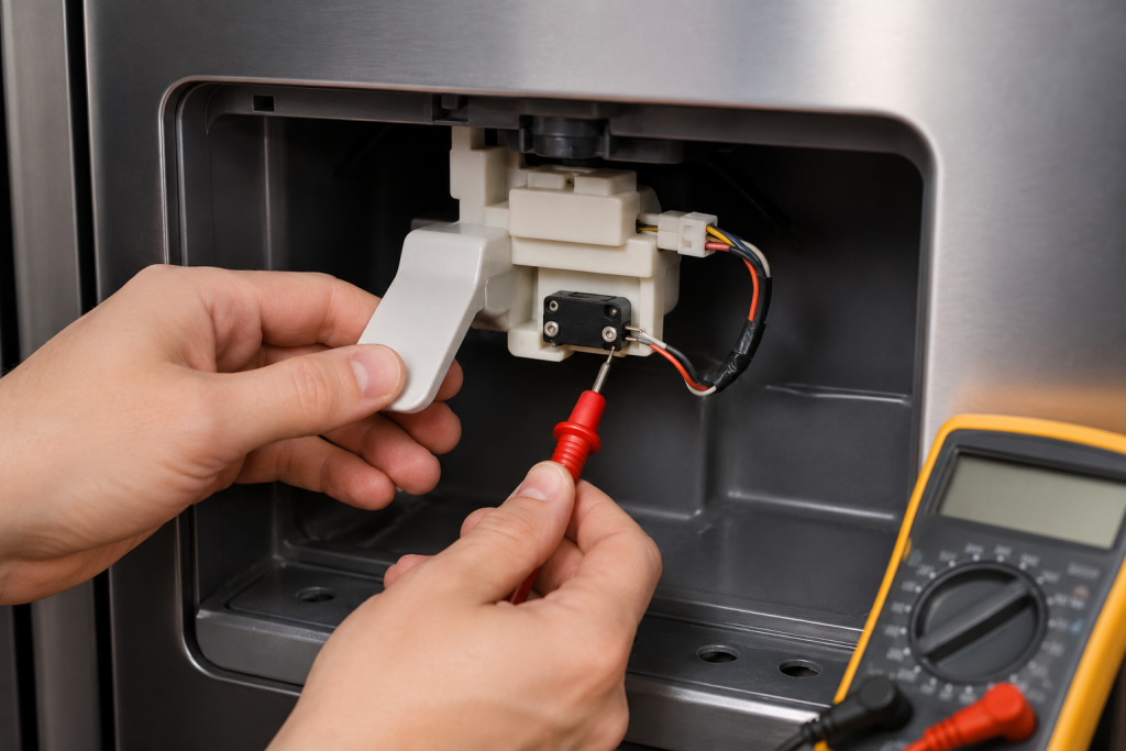 Hand testing the refrigerator water dispenser switch area near the dispenser paddle during appliance troubleshooting