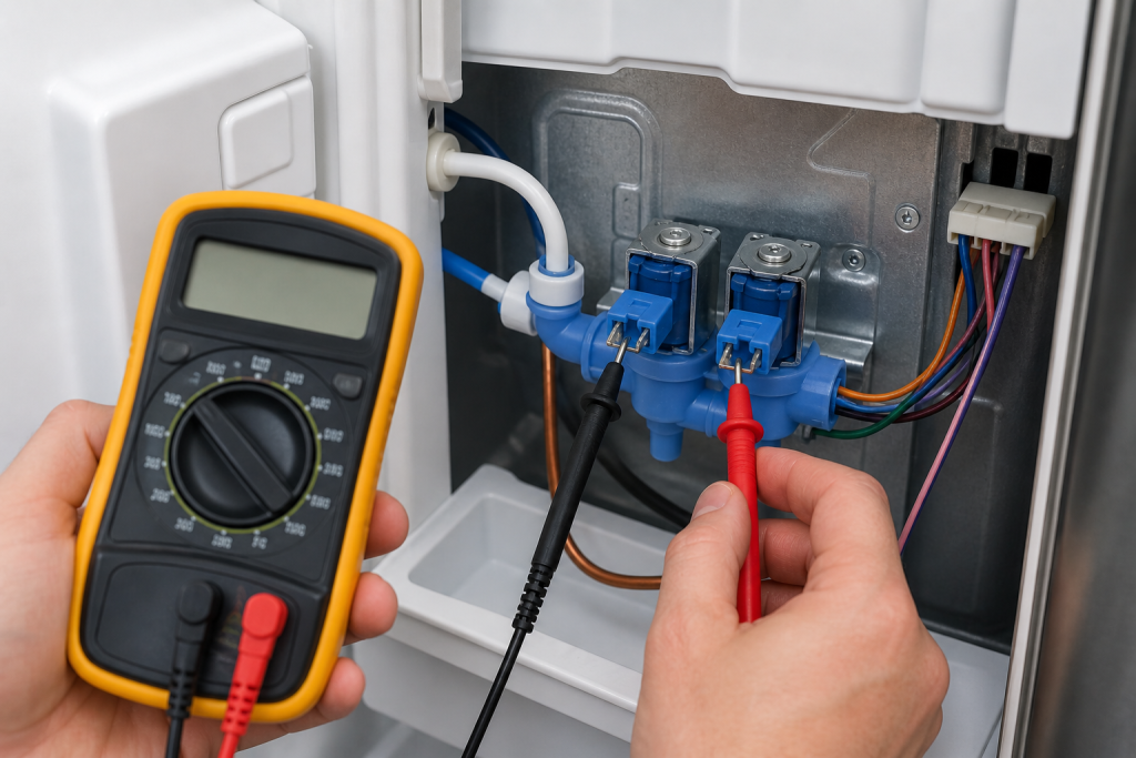 Person testing a refrigerator water inlet valve with a multimeter and electrical probes inside the appliance compartment