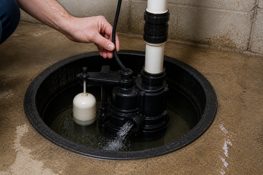 Homeowner manually testing a basement sump pump by activating the float switch and checking water flow inside the sump pit