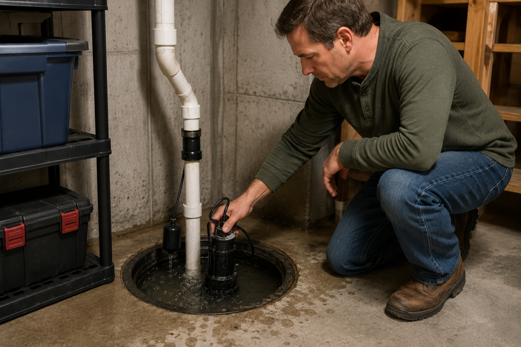 Testing residential sump pump in basement during fall home maintenance before winter weather and heavy rain season