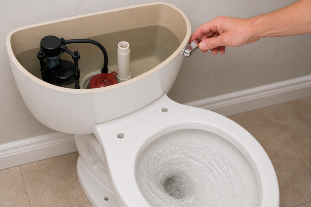 testing toilet by flushing after repair to ensure it stops running