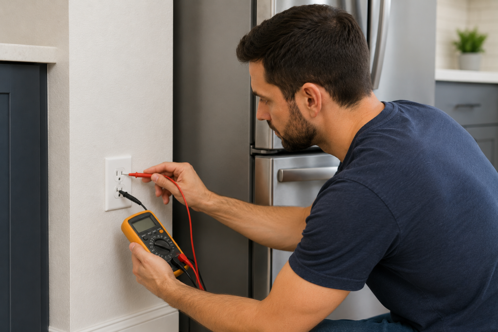 Homeowner using a multimeter to test a wall outlet beside a stainless steel GE-style refrigerator while troubleshooting a PF power failure error in a modern kitchen