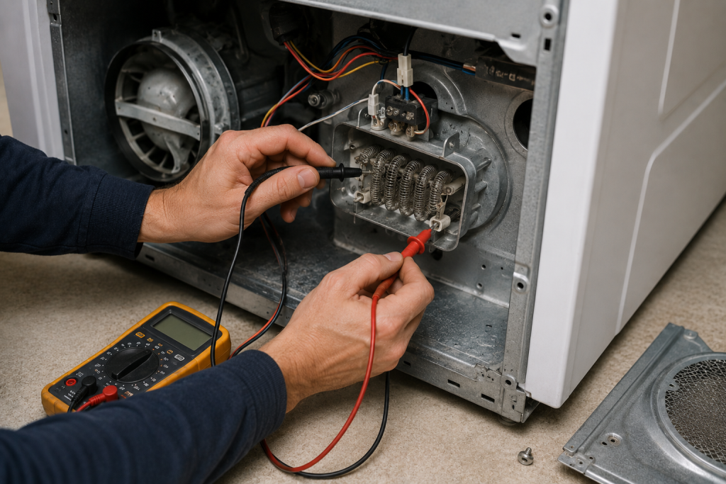 Technician using a multimeter to test a Whirlpool dryer heating element inside an opened dryer cabinet during heating troubleshooting