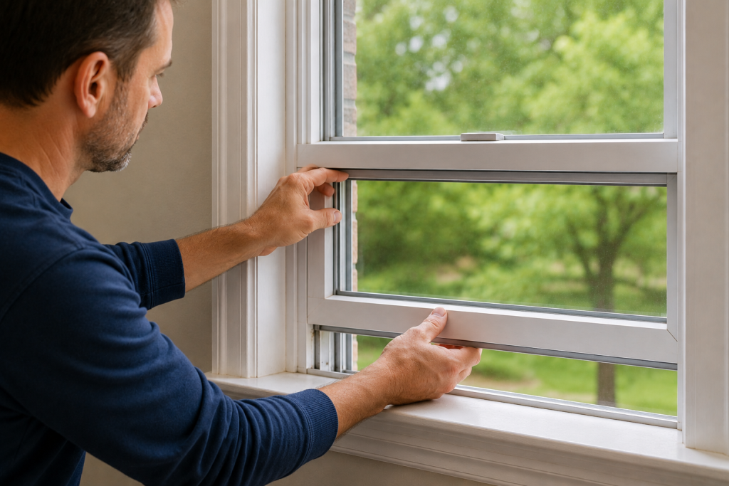 Testing and adjusting a double-hung window sash to ensure smooth movement and proper balance after window repair