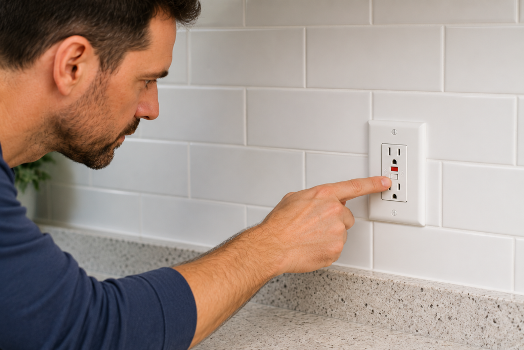 Testing a GFCI electrical outlet during monthly home safety maintenance