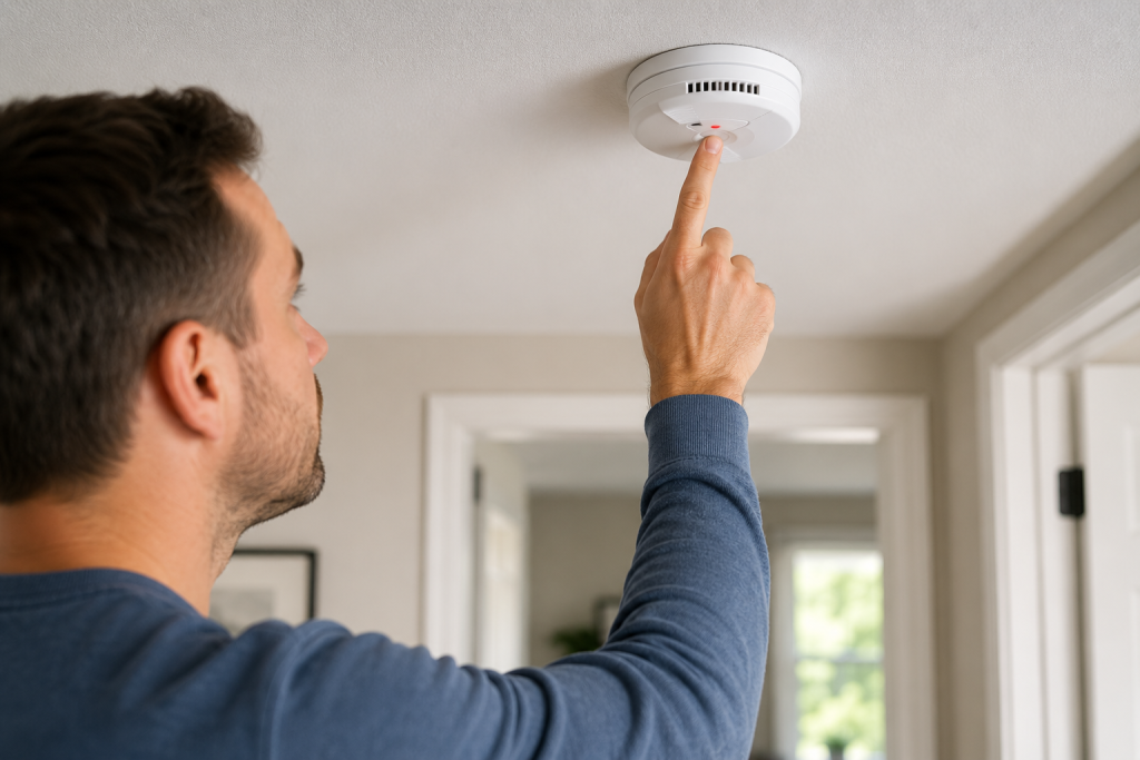 Homeowner testing a smoke detector during monthly home maintenance