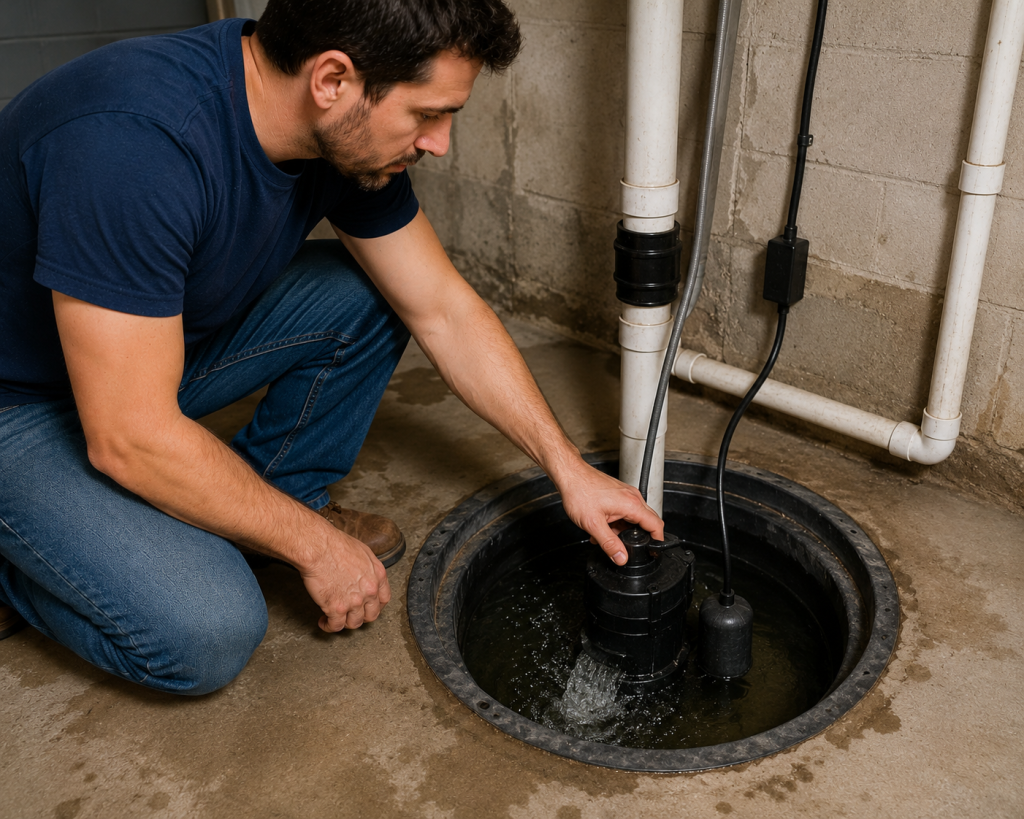 homeowner testing a basement sump pump by checking water drainage and float switch operation during annual plumbing maintenance inspection