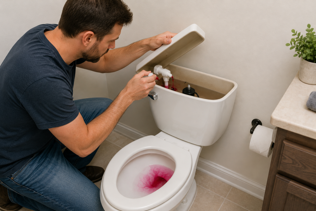 homeowner performing a toilet leak test by inspecting the toilet tank during annual plumbing maintenance