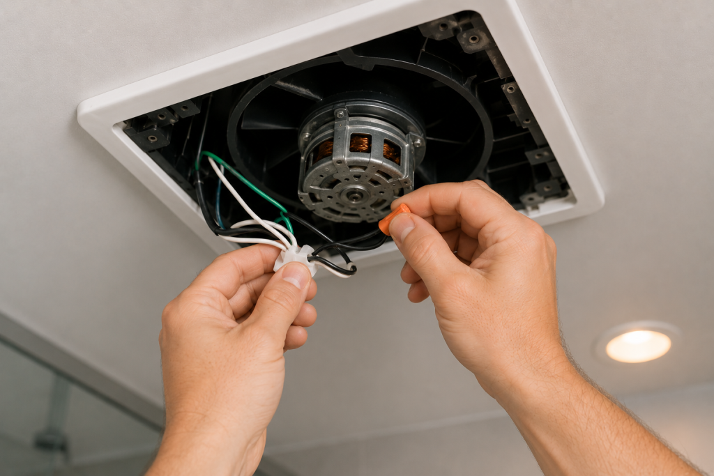 Tightening loose wiring connections inside a bathroom exhaust fan housing during electrical troubleshooting