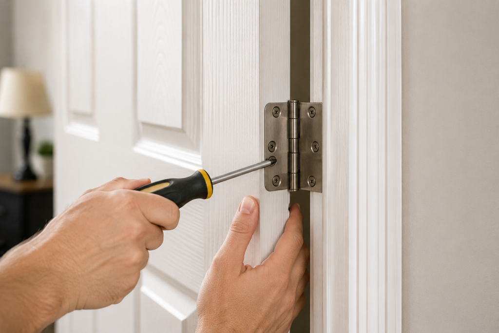 person tightening loose door hinge screws on a white interior door using a screwdriver