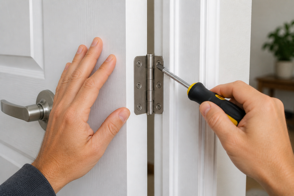 Tightening door hinge screws to fix a door that won’t latch properly