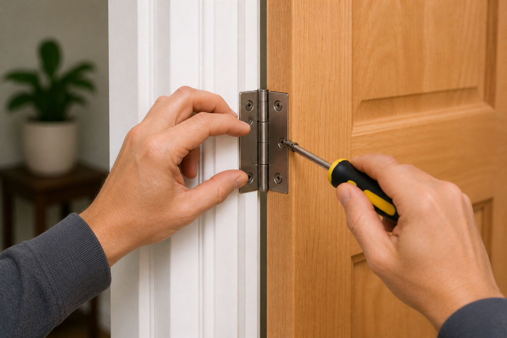 Tightening door hinge screws to fix a sagging door quickly