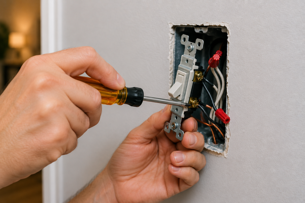 Tightening loose wiring connections on a light switch during electrical troubleshooting repair steps