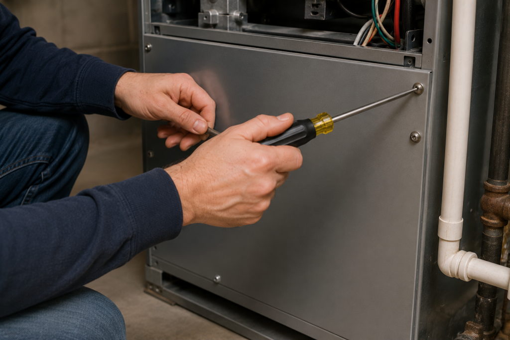 Tightening loose furnace panels and screws on a residential HVAC heating system to reduce rattling noises