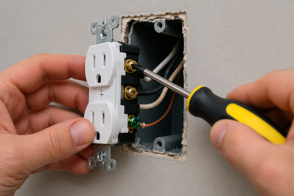 electrician tightening loose wiring connections on electrical outlet with screwdriver