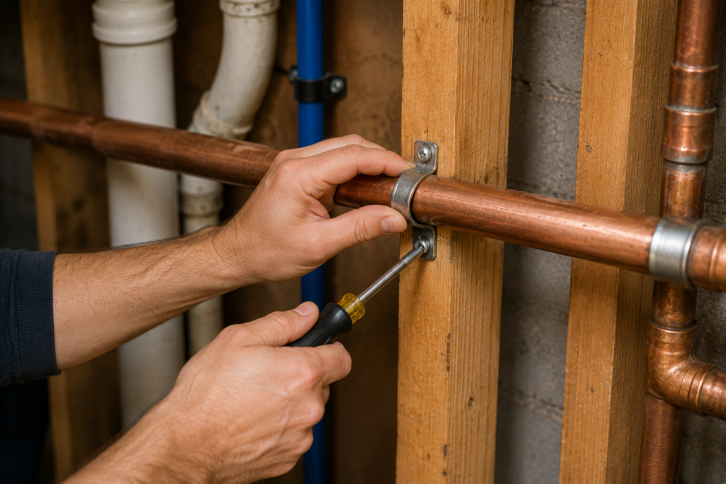 Homeowner tightening a metal support clamp on copper plumbing pipes inside a basement wall to stop pipe movement and banging noises
