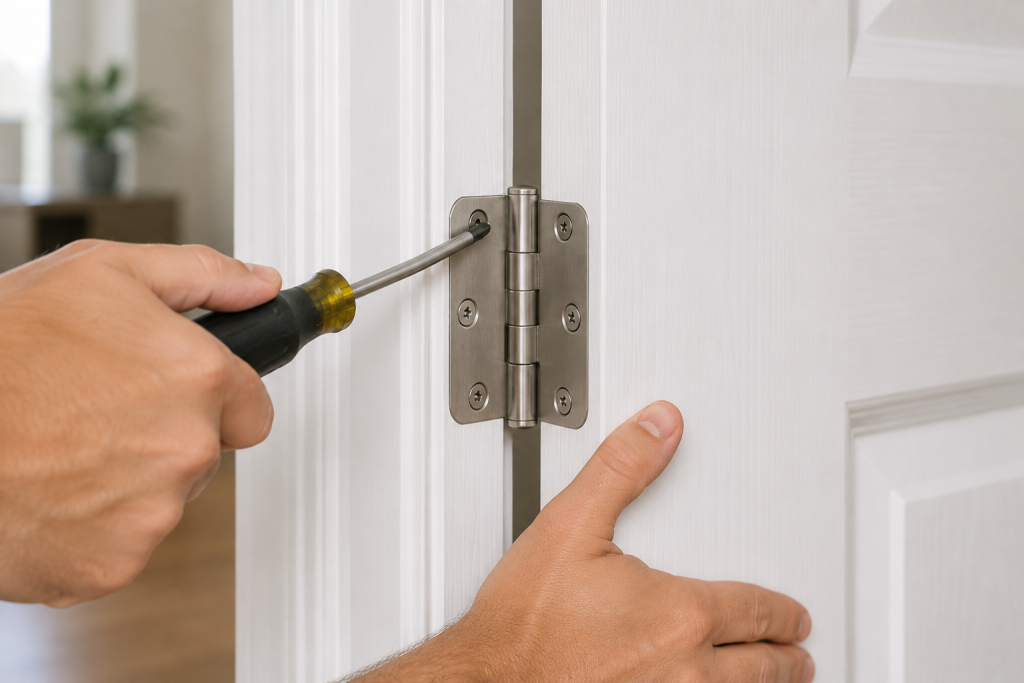 person tightening loose hinge screws on a white interior door using a screwdriver during a home repair project