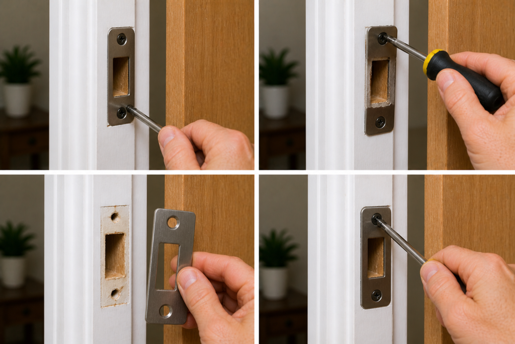 Tightening or replacing door strike plate to fix sagging door alignment