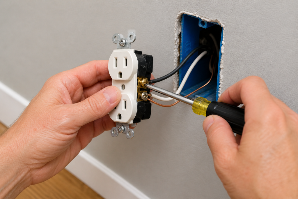 person tightening electrical outlet wiring connections with screwdriver during advanced DIY repair
