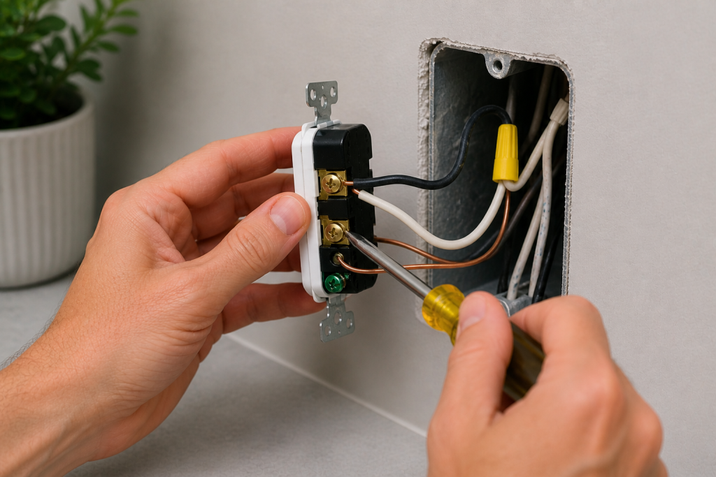 Tightening electrical outlet wires and reconnecting terminals inside wall box