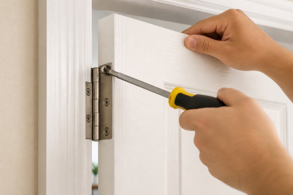 how to fix a door rubbing at the top corner Tightening top hinge screws on a door to fix rubbing at the top corner