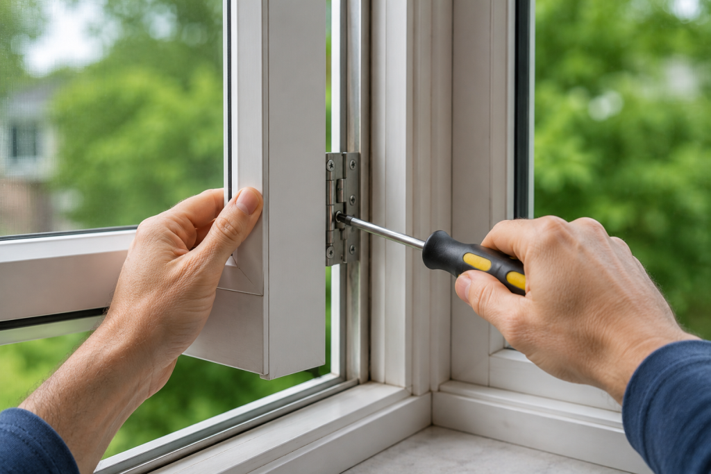 Homeowner tightening loose window hinge screws and hardware on a casement window using a screwdriver indoors