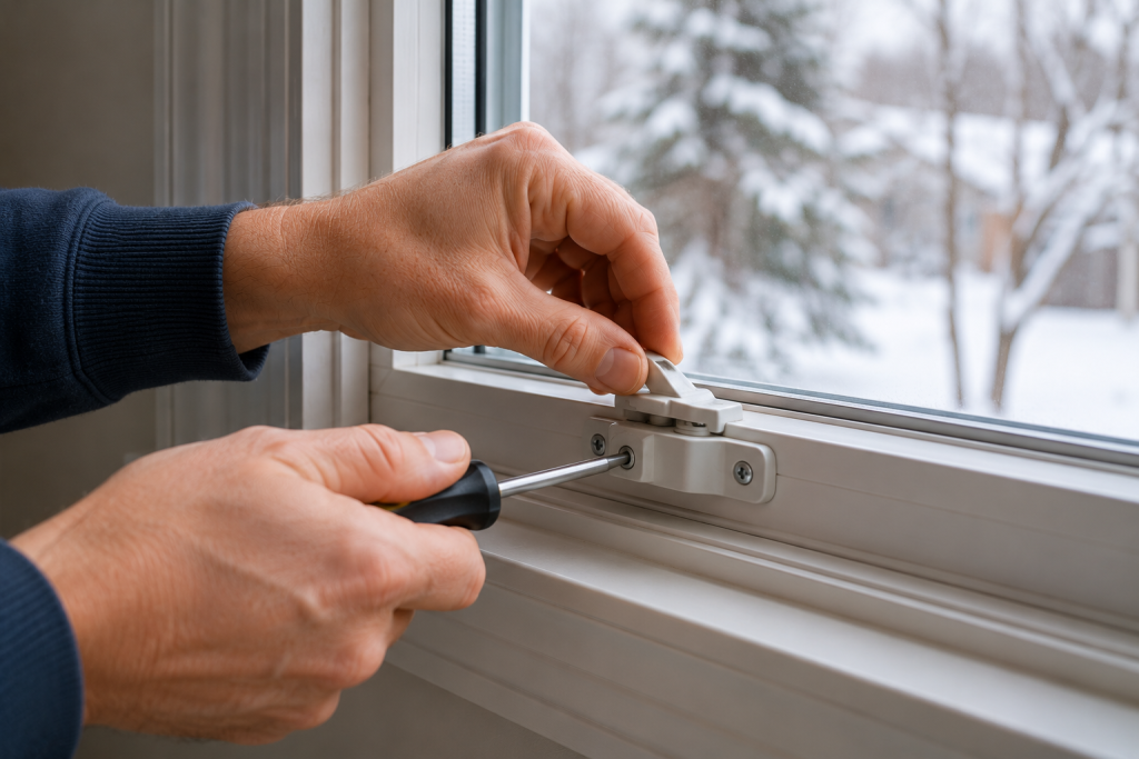 Tightening a residential window lock with a screwdriver to improve window sealing and reduce winter air drafts