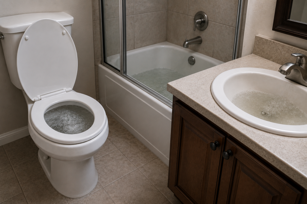 Bathroom toilet with bubbling water while nearby sink and bathtub drains show signs of sewer line pressure and drainage problems
