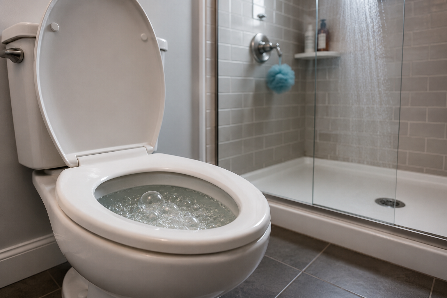 Toilet bubbling while shower runs in modern bathroom with plumbing drainage issue visible