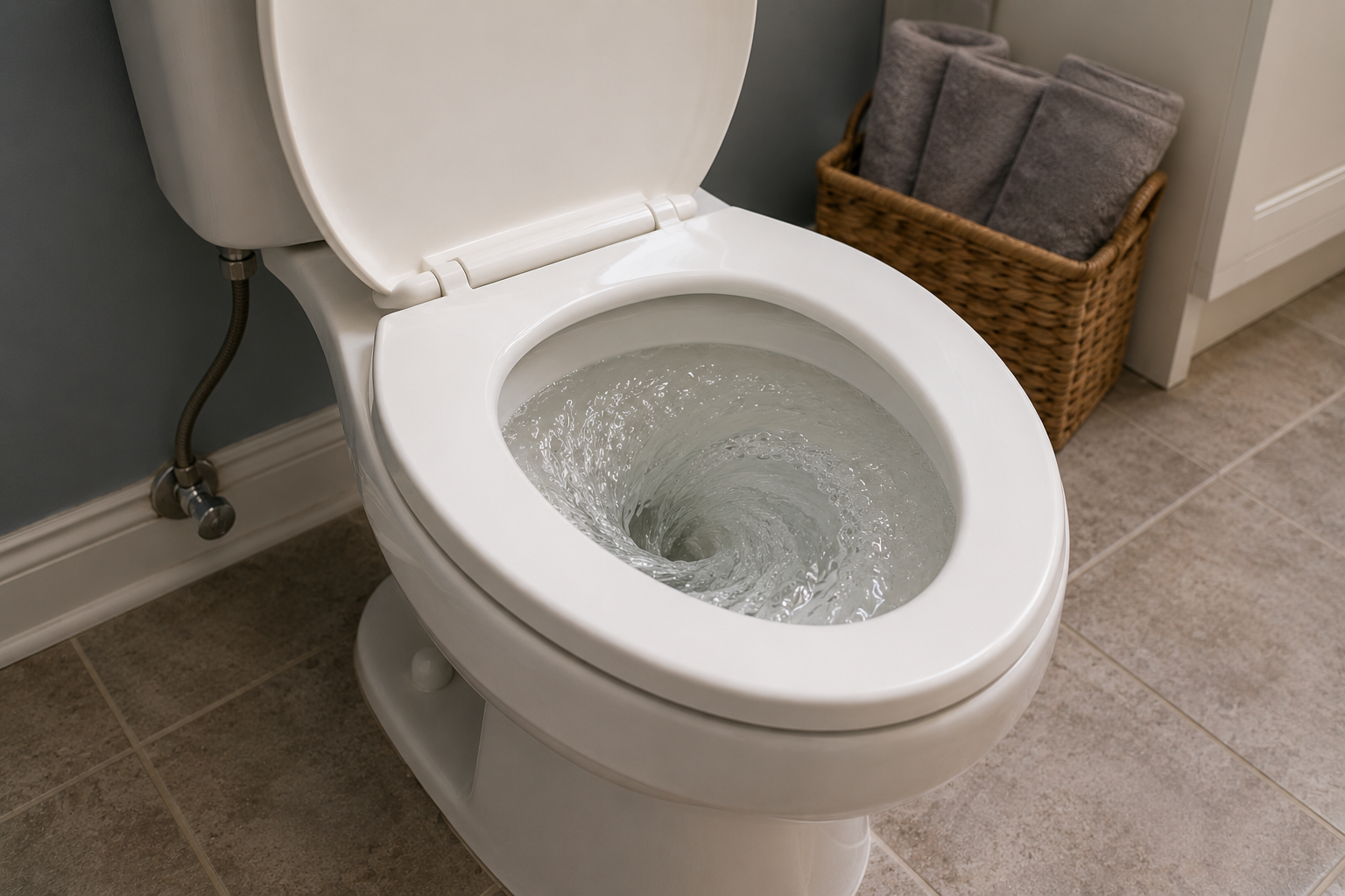 Bathroom toilet with bubbling water after flushing caused by a possible clogged vent pipe or sewer line blockage