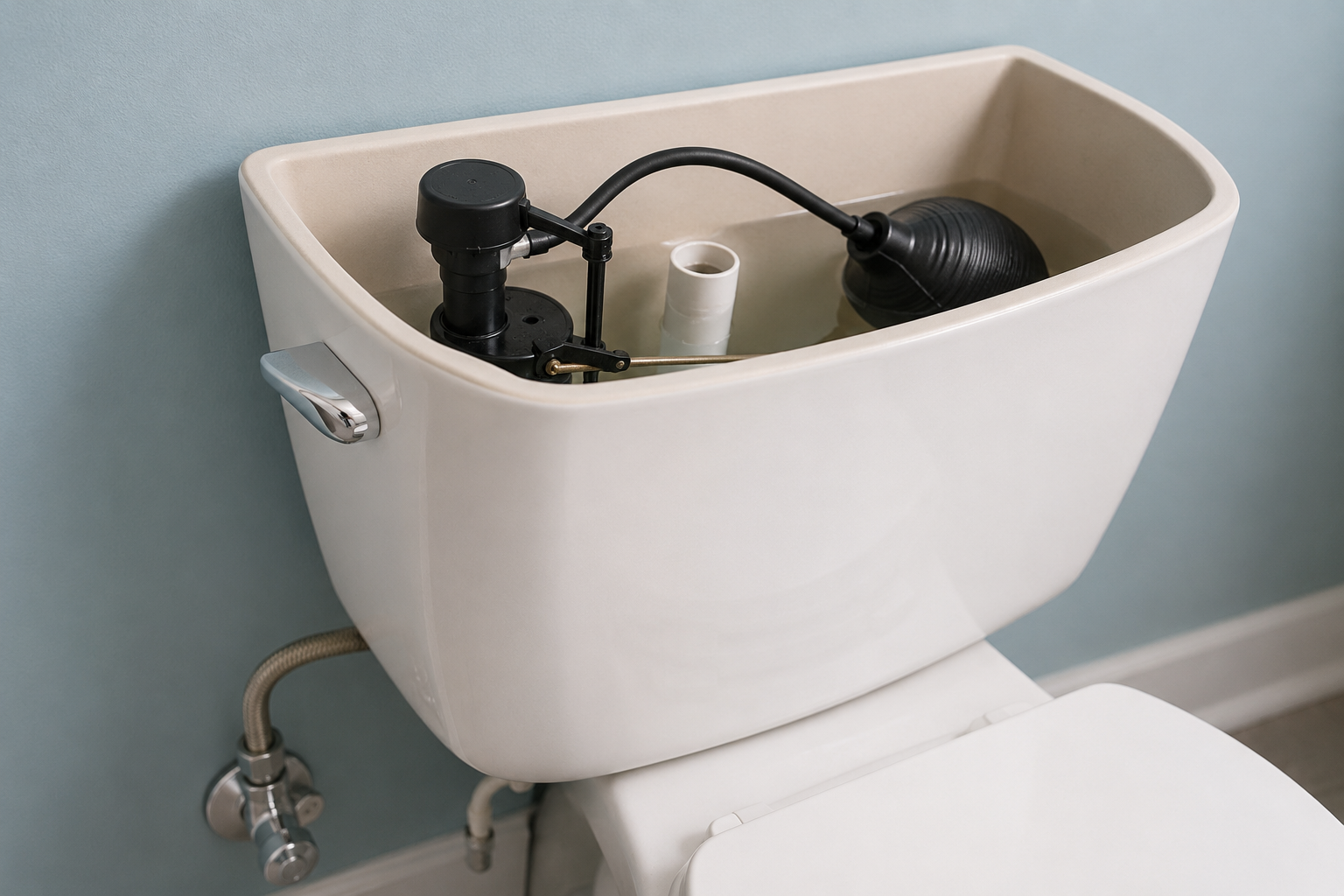 Residential bathroom toilet with open tank lid showing internal fill valve components during toilet tank refill troubleshooting