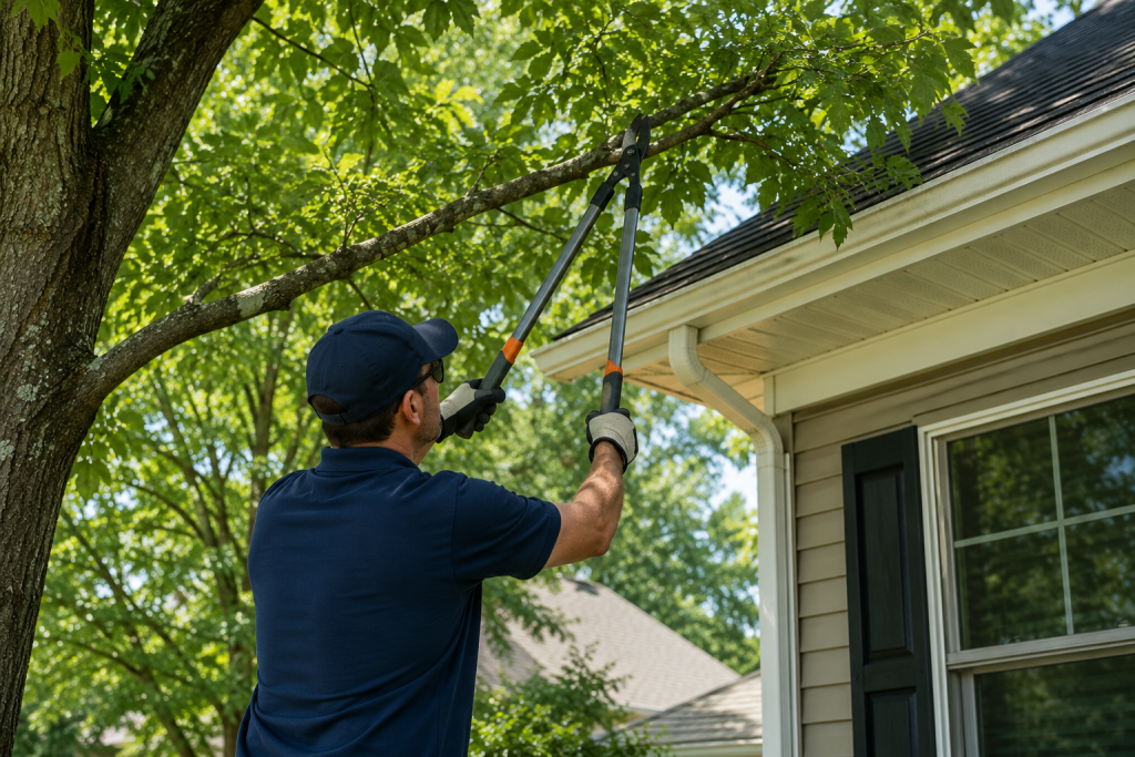 Homeowner trimming overgrown tree branches near roofline during exterior home maintenance