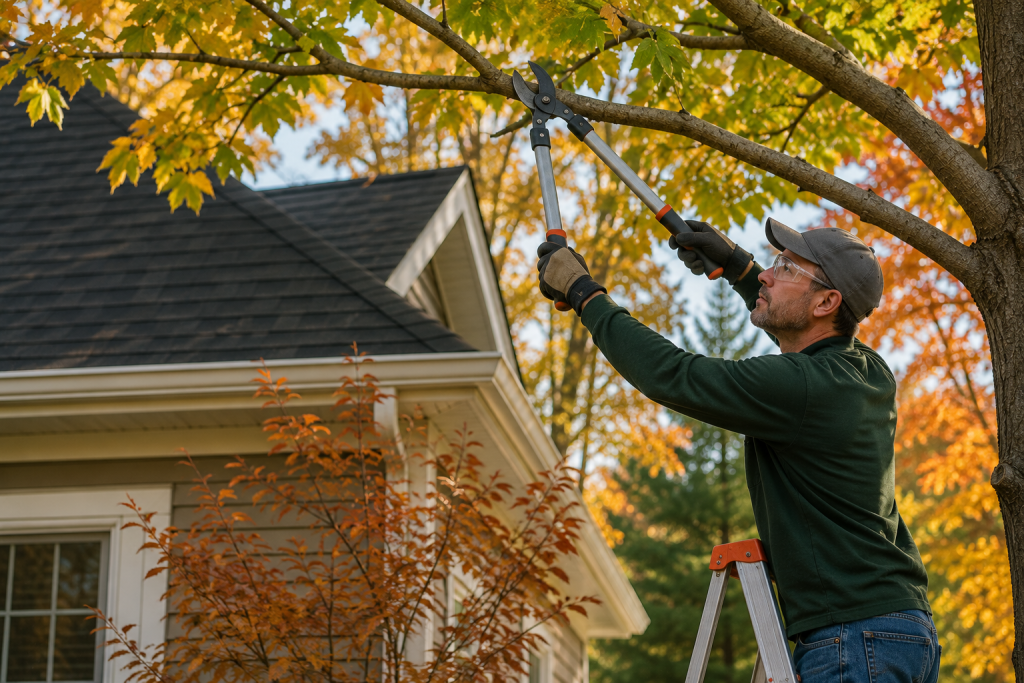 Trimming overhanging tree branches near house during fall home maintenance preparation for winter storms
