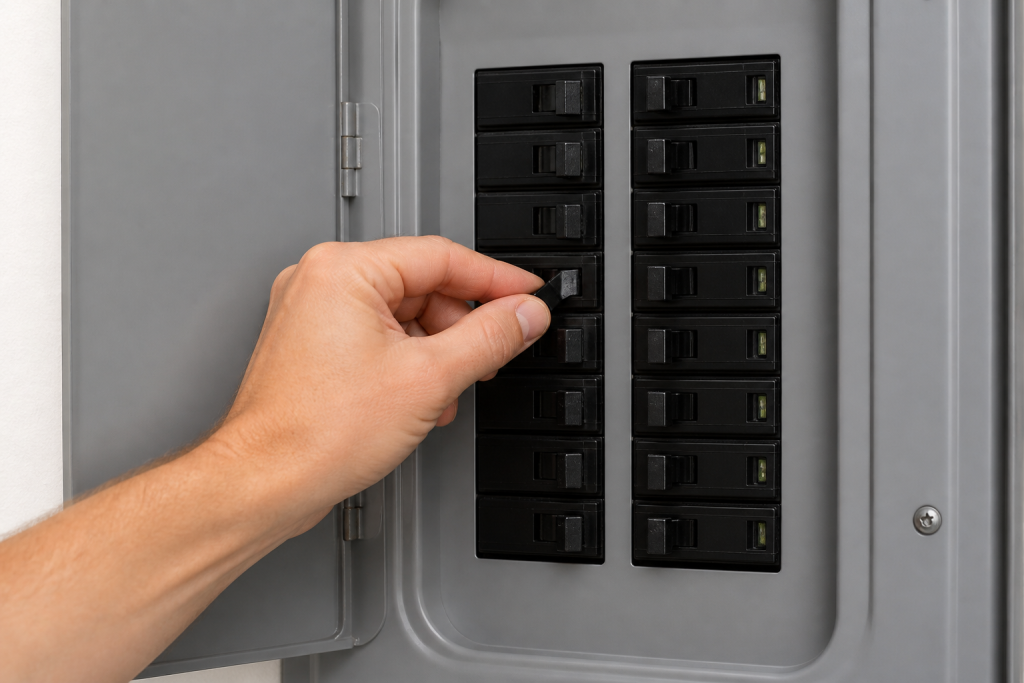 outlet works but no power hand resetting a tripped circuit breaker in electrical panel to restore power