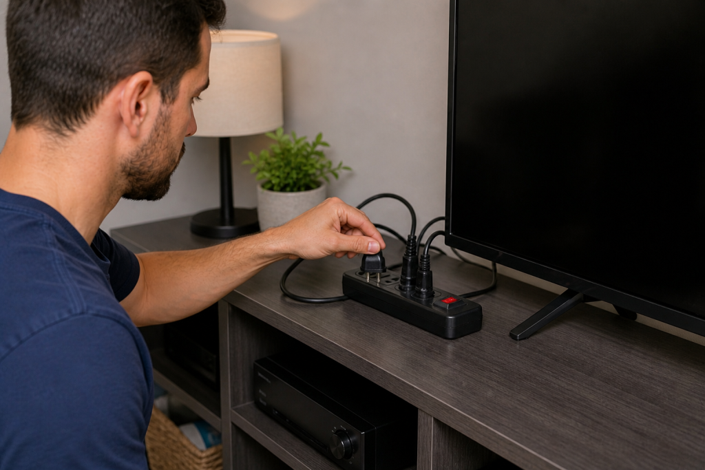 Unplugging electronic devices from power strip before resetting tripped circuit breaker