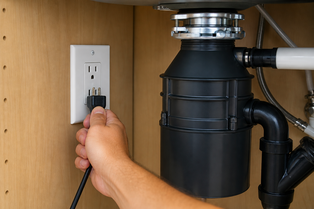 hand unplugging garbage disposal under sink to safely turn off power before repair