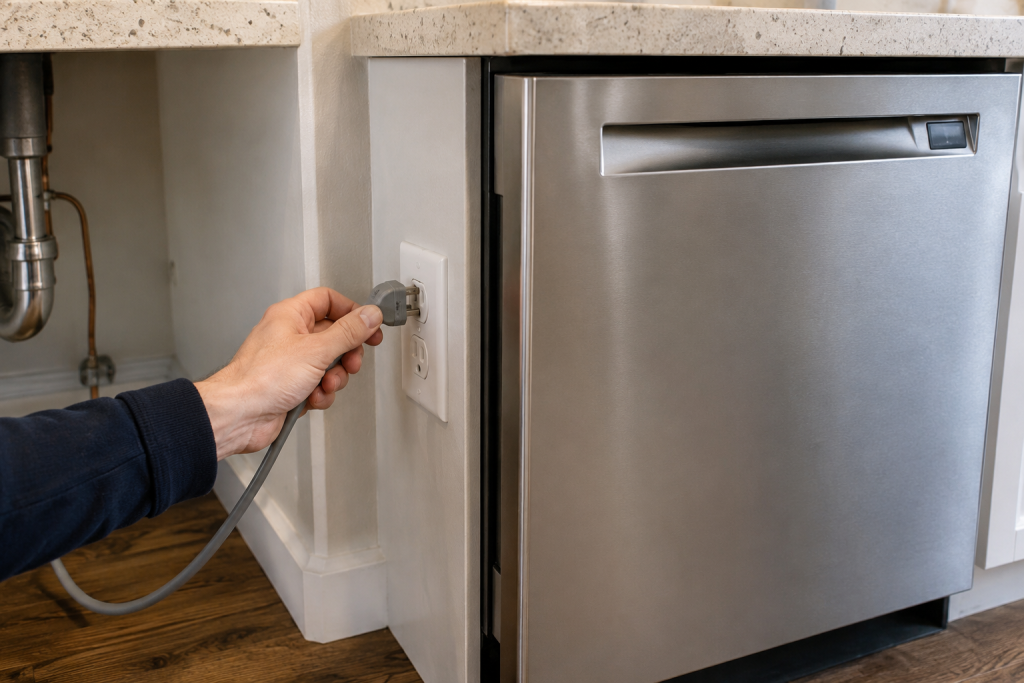 Homeowner turning off power to a Bosch dishwasher at the kitchen breaker panel before starting repairs