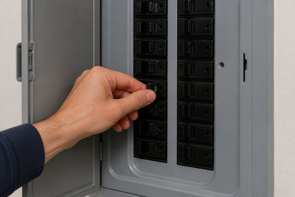 Turning off circuit breaker to safely repair electrical outlet