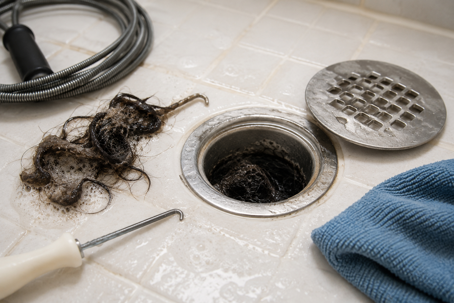 Shower drain being cleaned with a drain snake and standing water in a modern bathroom shower stall