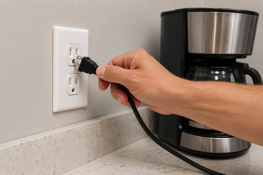 Homeowner unplugging kitchen appliances while troubleshooting a breaker keeps tripping electrical issue