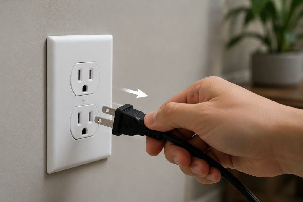 hand unplugging electrical cord from wall outlet to stop outlet sparks when plugging in