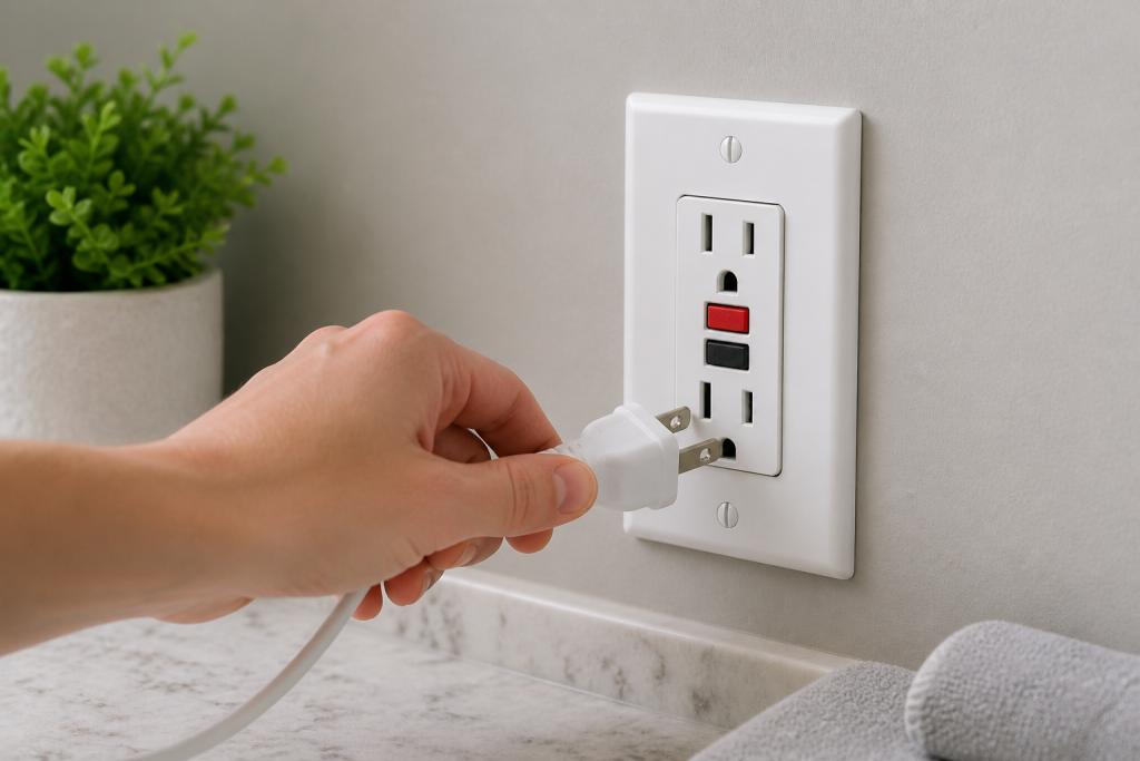 Hand unplugging a device from a GFCI outlet not resetting during electrical troubleshooting.